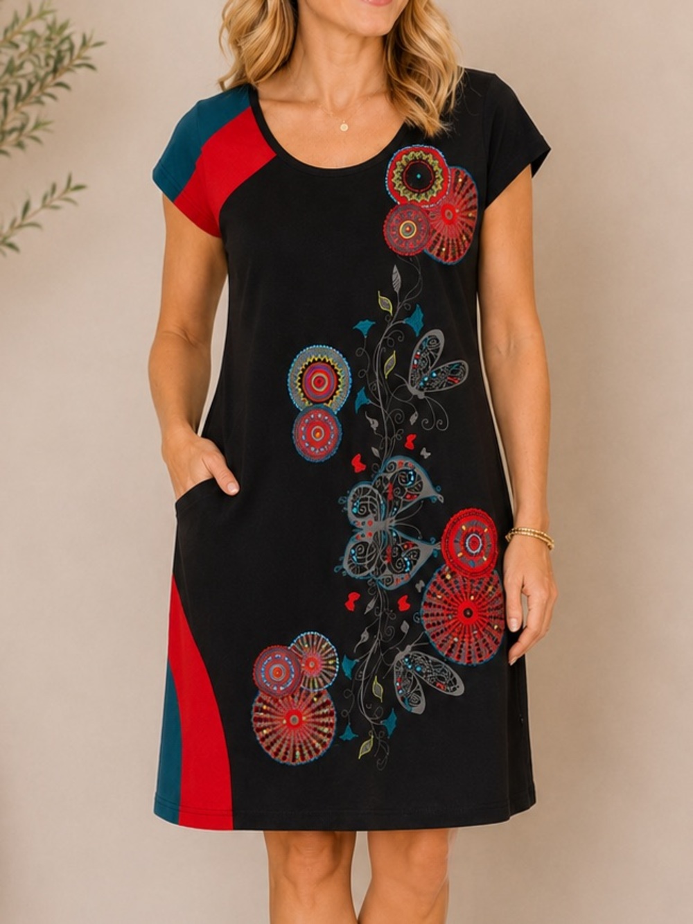 Leopards & Roses 100% Cotton Medium Black Colorblock Boho Floral Butterfly Dress